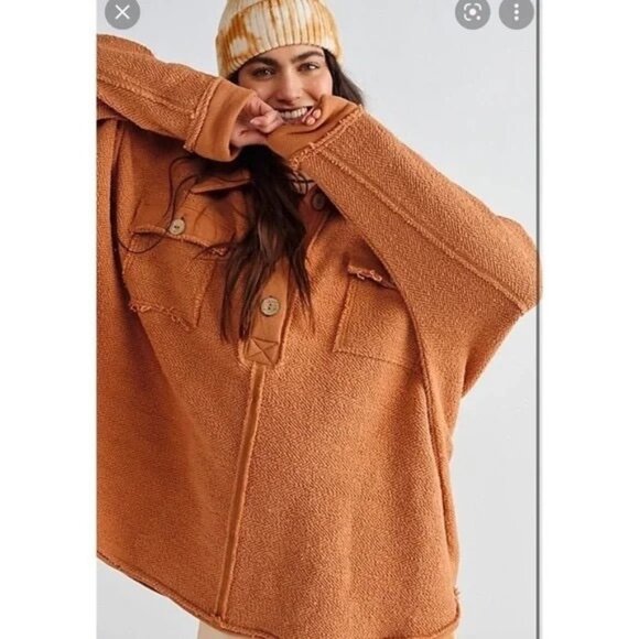 Free People FP BEACH Rowan Oversized Pullover Henley Sweatshirt Top Size XS NEW - Picture 1 of 5